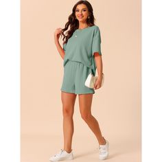 Elevate your relaxation with the Cheibear Women's Lounge Outfits, crafted for supreme comfort and effortless style. This pajama set features a casual round neck top with short sleeves and matching shorts, both designed in a chic ribbed texture and a soothing green hue.

- Material: 95% Polyester, 5% Spandex
- Color: Green
- Gender: Female
- Size: Large
- Features: Breathable, moisture-wicking, skin-friendly fabric

Ideal for lounging around the house or enjoying a peaceful night's sleep, this se Casual Solid Color Sleepwear Sets, Casual Solid Color Sleep Sets, Casual Solid Pajama Shorts For Loungewear, Summer Sleepwear With Crew Neck For Lounging, Summer Crew Neck Sleepwear For Lounging, Cozy Sleepwear With Relaxed Fit And Crew Neck, Casual Solid Sleepwear For Spring, Relaxed Fit Solid Color Sleepwear With Crew Neck, Cozy Crew Neck Sleepwear In Relaxed Fit