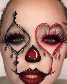 Face Paint Makeup Halloween, Interesting Makeup Ideas, Fun Halloween Makeup Looks, Makeup Halloween Ideas Creative, Clown Eye Makeup, Interesting Makeup Looks, Crazy Makeup Art, Halloween Makeup Red, Halloween Makeup Ideas Creative