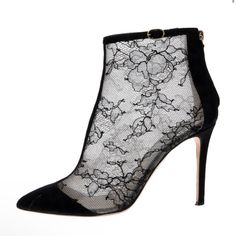 Black Lace Pattern Pointed-Toes With Lace Trim Embellishment Concealed Zip Closure At Ankles Includes Dust Bag Estimated Item Measurements Heels: 4" Gender: Women Color: Black Shoe Size: 9 Elegant Boots With 4-inch Heel For Night Out, Elegant Formal High Ankle Boots, Elegant Black Boots With 4-inch Heel, Luxury High Ankle Party Heels, Elegant High Ankle Boots For Evening, Elegant High Ankle Boots With 4-inch Heel, Luxury Ankle Boots For Evening, Elegant Pointed Toe Party Boots, Elegant Ankle-high Boots For Night Out