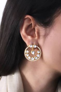 925 sterling silver, gold plated earrings with white polki and semi precious stone embellishment. - Aza Fashions Luxury Jewellery, Jewellery Earrings, Semi Precious Stone, Gold Plated Earrings, Aza Fashion, Luxury Jewelry, Online Jewelry, Semiprecious Stones, Semi Precious