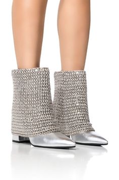 AZALEA WANG HAVANNAH CHAIN COVERED BOOTIE IN SILVER Azalea Wang, Woven Chain, Moto Jacket, Chunky Heel, Chunky Heels, Mid Calf, Bootie, Chain Link, Yves Saint Laurent