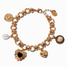 Claire's Gold-tone Heart Charm Bracelet Gold-tone Metal Jewelry With Logo Charm, Gold-tone Metal Bracelets With Logo Charm, Black Metal Charm Bracelet, Trendy Metal Bracelets With Logo Charm, Gold-tone Metal Jewelry With Heart Charm, Black Metal Jewelry With Logo Charm, Gold Metal Charms With Logo, Gold Dangle Heart Charm Bracelet, Gold Dangle Charm Bracelet With Heart Charm