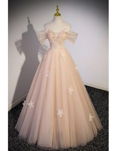 10% off now! Shop beautiful off shoulder long tulle prom dress with flowers online. Sheprom offers formal, party, casual & more style dresses to fit your special occasions. Prom Dresses Pastel Pink, Pastel Princess Dress, Pink Prom Dress With Sleeves, Pink Ballgown Prom Dress, Pastel Prom Dress Long, Japanese Prom Dress, Prom Dresses Pastel, Pretty Prom Dresses Long, Fancy Outfits Dresses