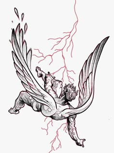 a drawing of a winged creature with lightning in the sky behind it's back