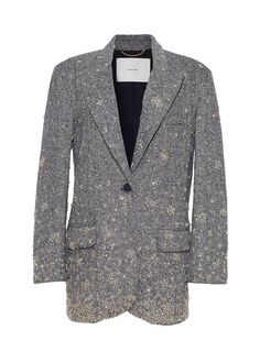 A modern take on the classic tuxedo jacket, this piece is meticulously crafted from 100% Italian wool herringbone in a sharp black and ivory hue. Intricate hand-embroidered crystals adorn the jacket, creating a striking pattern that elevates its timeless design. Featuring a horn button closure and two side pockets, this jacket combines elegant tailoring with a contemporary twist. Style Number: F24801WH Made in New York City Size & FitModel's Height: 5'10"Model is wearing size small Composition & Chic Embellished Formal Outerwear, Fall Embellished Outerwear With Notch Lapel, Elegant Embellished Blazer For Fall, Chic Embellished Suits For Formal Occasions, Tailored Embellished Outerwear With Notch Lapel, Luxury Embellished Outerwear With Notch Lapel, Embroidered Evening Blazer For Winter, Tailored Embellished Elegant Outerwear, Chic Embellished Evening Suit