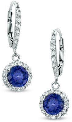 Zales 6.0mm Lab-Created Blue and White Sapphire Frame Drop Earrings in Sterling Silver Blue Drop Earrings With Prong Setting, Classic Blue Round Earrings, Blue Round Earrings For Formal Occasions, Formal Blue Round Earrings, Classic Blue Hypoallergenic Jewelry, Elegant Blue Round Cut Earrings, Elegant Blue Round Earrings, Blue Halo Setting Earrings For Formal Occasions, Blue Halo Setting Earrings For Formal Events