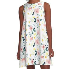 Loose-fit, mid-length sleeveless dress with silky handfeel. Printed on both sides. Machine washable. Size range XS-2XL. Hand painted with watercolors. White A-line Printed Sundress, Flowy A-line Sleeveless Dress For Garden Party, Multicolor A-line Sundress For Garden Party, Multicolor A-line Sleeveless Dress With Floral Print, Printed A-line Sleeveless Dress For Spring, Flowy White Sleeveless Dress With Floral Print, Summer Sleeveless A-line Dress With Floral Print, Floral Print A-line Sleeveless Sundress, Feminine Sleeveless Printed Dresses