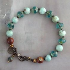 Unique Turquoise Bracelets With Round Beads, Handmade Turquoise Bracelets With Czech Glass, Handmade Turquoise Czech Glass Bracelets, Unique Turquoise Czech Glass Bracelet, Turquoise Jewelry With 8mm Amazonite Beads, Turquoise Czech Glass Bead Bracelets, Turquoise Amazonite Jewelry With 8mm Beads, Turquoise Amazonite Bead Jewelry, Turquoise Czech Glass Bracelets As Gift