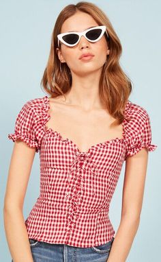 $44.90 - Cute summer red stripes checkered plaid grid lattice top with ruffles for elegant ladies, pretty teens and chic women. Tight fitted. Perfect for casual every day wear. Tie Up Shirt, Lace Up T Shirt, Oktoberfest Outfit, Corset Blouse, Cheap Blouses, Sleeve Fashion, Fashion Blouse, Puff Sleeve Top, Blouse Vintage