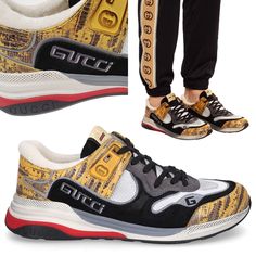 Designer: Gucci Condition: Authentic And Brand New Style Name / Number: 592345 1lh10 7665 Material: Leather / Mix Of Fabric, Suede, Mesh Upper, Rubber Sole. Terry Cloth Lining. Unique Features: Gucci's Highly Regarded Craftsmanship And Attention To Detail Are Seen In These Ultrapace Sneakers That Feature A Mix Of Tejus Lizard Embossed Pattern Leather, Suede, Reflective Fabric And Mesh Trims. Round Toe, Side Logo Detail, Logo Patch At The Tongue, Lace-Up Front Fastening And Rubber Sole. Color: Mu Yellow Sneakers With Logo For Streetwear, Yellow Logo Sneakers For Streetwear, Yellow Logo Print Sneakers For Streetwear, Gucci Custom Leather Sneakers With Logo Print, Gucci Leather Custom Sneakers With Logo Print, Gucci Leather Sneakers With Logo Print, Gucci Yellow Sneakers For Streetwear, Gucci Black Sneakers With Logo Print, Gucci Yellow Streetwear Sneakers