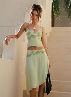 Pappilion Asymmetrical Midi Skirt Sage Asymmetrical Midi Skirt, Cooler Style, Sheer Material, Asymmetrical Skirt, Curve Dresses, White Midi Dress, Casual Tank Tops, Summer Fits, Buy Now Pay Later