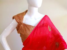 Soft reddish pink jute net saree with all over gold hand embroidered feathers paired with an embroidered red pink sequin blouse. Saree fabric is light soft jute net in a flattering soft beige gold shade and is light and easy to drape. The blouse has red sequins and gold thread work embroidered all over . Be a glowing beauty in this classy piece. Shipping: Ships in 1-2 days of payment via registered post with tracking number. Delivery takes about 4-5 days all around the word. Extra services: We c Net Pre-draped Saree For Festive Party Wear, Designer Red Pre-draped Saree With Self Design, Gold Pre-draped Saree With Dori Work, Red Saree With Dori Work For Designer Wear, Red Unstitched Blouse Piece For Party, Red Tissue Silk Pre-draped Saree For Party, Bollywood Gold Pre-draped Saree With Gota Work, Red Tissue Silk Saree With Dori Work, Red Tissue Silk Saree For Party