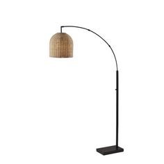 a floor lamp with a wooden shade on it's head and an iron base