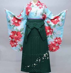 An aqua blue & pink Japanese floral Kimono set that includes everything you need.  From Kimono robe to hakama pant to obi belt and sashes...we've got you covered! Item: Furisode Kimono & Hakama , Jyuban & Obi set No. ktm035 Size: US  L  /  Kimono Width 68cm  Length 110cm  /  Hakama  Please pick your size, M: 95cm length: suitable height 160cm -170cm. L : 99cm length: suitable height 170cm -175cm Condition: NEW. Please check the photos. Shop the entire collection https://fujiyamarock.etsy.com Shi Kimono Hakama, Hakama Pants, Furisode Kimono, Kimono Set, Kimono Vintage, Obi Belt, Womens Kimono, Floral Kimono, Vintage Kimono