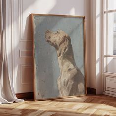 a dog's head is shown in an empty room with a painting on the wall