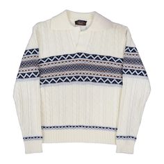 This JCPenney vintage men's sweater is the perfect addition to your winter wardrobe. With a fair isle knit pattern and cable-knit style, it's a classic piece that will never go out of style. The collared neckline adds a touch of sophistication, making it versatile for both casual and party/cocktail occasions. The long sleeve sweater is made of breathable acrylic material, which is machine washable for easy care. It comes in size medium and has a regular fit.  This sweater brings back memories of the 80s and 90s, and has a hipster, preppy vibe to it. Perfect for skiing and walking, it's a must-have for winter. The white color is complemented by a ski, holiday, and classic theme, making it a versatile piece for any winter occasion. This vintage sweater was made in Taiwan and is sure to keep Retro Winter Polo Sweater With Ribbed Collar, Retro Polo Sweater With Ribbed Collar For Winter, Classic Winter Sweater With Fair Isle Pattern, Classic White Jacquard Knit Sweater, Classic Fair Isle Sweater For Winter, Classic Fair Isle Winter Sweater, Vintage Knit Polo Sweater For Winter, Vintage Winter Sweater With Ribbed Collar, White Wool Polo Sweater For Winter