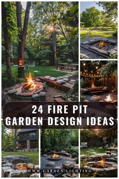 a collage of photos of a fire pit with a fire in it Fireplace In Garden Outdoor, Fire Pit Playground Backyard, Fun Fire Pit Ideas, Fireplace Garden Ideas, Fire Pit Outdoor Area, Fire Pit With Patio Stones, Umbrella Over Fire Pit, Wood Firepits Backyard, Black Fire Pit Ideas Backyard