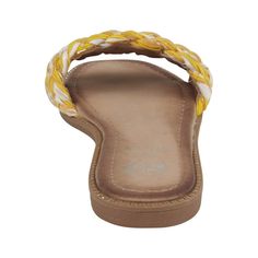 Add a touch of flair to your summer outfits with the Arly sandal by GC Shoes. Its timeless design is enhanced by intricate woven details, adding texture and visual interest. With a padded footbed, these sandals guarantee utmost comfort as you take each step in style. Perfect for warm weather ensembles. Yellow Synthetic Slides For The Beach, Yellow Synthetic Beach Slides, Adjustable Yellow Synthetic Flip Flops, Woven Synthetic Sandals With Round Toe, Comfortable Yellow Synthetic Sandals, Synthetic Open Toe Slides With Braided Straps, Synthetic Braided Sandals With Round Toe, Braided Synthetic Sandals With Round Toe, Flat Heel Sandals With Woven Sole