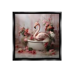 a pink flamingo sitting in a bathtub surrounded by flowers