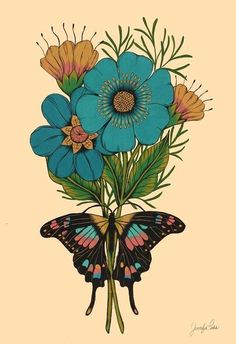 a blue flower with a butterfly sitting on it's back and its wings spread out