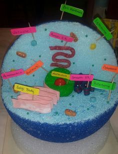 a blue cake with lots of writing on it and some stickers attached to the top