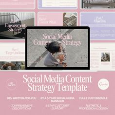 the social media content strategy template is displayed on a computer screen with multiple images and text