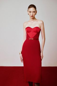 Redhell Strapless Semi-Heart Neck Polyester Midi Dress - MEAN BLVD Fitted Midi Dress With Heart-shaped Neckline For Cocktail, Red Bodycon Dress With Fitted Bodice For Party, Elegant Red Strapless Corset Dress, Elegant Strapless Dress With Heart-shaped Neckline, Fitted Midi Dress With Heart-shaped Neckline For Evening, Red Strapless Corset Dress For Formal Occasions, Red Mini Dress With Sweetheart Neckline And Fitted Bodice, Gala Dress With Boned Bodice And Heart-shaped Neckline, Fitted Midi Cocktail Dress With Heart-shaped Neckline