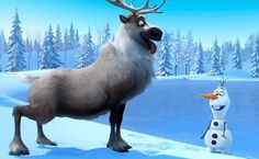 an animated image of a reindeer and a snowman in the middle of a snowy landscape