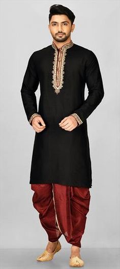 Black and Grey color Dhoti Kurta in Rayon fabric with Embroidered, Thread work Vs Image, Kurta Pajama Men, Black Kurta, Sherwani For Men, Kurta Men, Silk Kurta, Dupion Silk, Thread Work, Hand Work