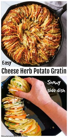 two pictures with different types of food in them and the words, easy cheesy herb potato gratin show side - dish