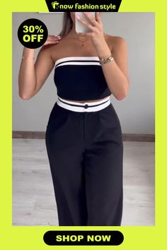 Black Casual Solid Patchwork Strapless Sleeveless Two Pieces Sleeveless Suit, Two Piece Pants Set, Fashion Gallery, Wholesale Fashion, Black Casual, Two Pieces, Pants Set, Buy Now, Two Piece