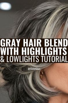 If you're looking to seamlessly blend your grays with highlights and lowlights, this tutorial is for you. Learn how to create a multi-dimensional look that softens the contrast between your natural gray hair and your base color. Discover the best techniques for applying highlights and lowlights to achieve a natural, blended result that will leave you feeling confident and embracing your gorgeous gray hair. Highlights And Lowlights Gray White Hair, How To Do Lowlights At Home, Gray Highlights Brown Hair Over 50, Grey Transition Hair Highlights, Growing Out Gray Hair Blending, Blending Greys Into Brown Hair, Grey Hair With Brown Lowlights, Gray Hair With Lowlights Over 50, Blending Gray Hair With Blonde