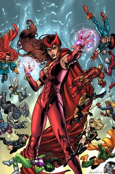 an image of a woman surrounded by many superheros and their characters in the background