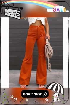 Orange Corduroy Ol High Waist Casual Pants Lady Pants, Flared Pants, Matching Outfits, Flare Pants, High Waisted Pants, Trousers Women, Casual Pants, Daily Wear, Cardigans