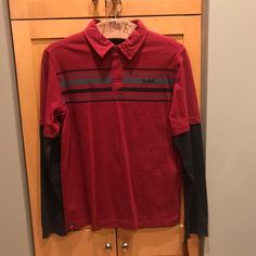 Collared Long-Sleeve Tee With Layered Sleeves Cute Red, Black, Grey Stripe Boy's Xl (18-20) Red Fitted Long Sleeve T-shirt, Casual Long Sleeve Red T-shirt, Casual Red Long Sleeve T-shirt, Red Long Sleeve Cotton T-shirt, Red Casual Long Sleeve Shirt, Layered Sleeves, Layered Long Sleeve, Tony Hawk, Grey Stripes