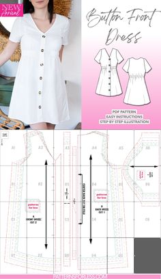 Button Front Mini Dress Sewing Pattern Shirt Dress Pattern Free, Button Down Dress Pattern, Button Dress Pattern, Mini Dress Sewing Pattern, Mini Dress Sewing, Diy Skirts, Trendy Sewing Patterns, Chic Cocktail Dress, Shirt Sewing