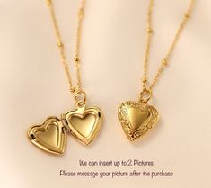 "✨ GOLD HEART LOCKET PENDANT NECKLACE ✨ ✨All chains and pendants are electroplated Gold over Stainless steel. It will not change color and can be worn in water. Our jewelry is made to last, anti-tarnish, higher durability than a regular gold-plated material, perfect for everyday wear. ✨ If you would like us to insert a picture, please message us a picture after the purchase. we can print it and cut and insert for free. Send us your picture through messages after purchase goes through. ✨ If you w Jewelry Gold Necklace, Locket Gold, Locket Jewelry, Gold Heart Locket, Picture Locket, Mystical Jewelry, Pendant Heart, Locket Pendant Necklace, Jewelry Lockets