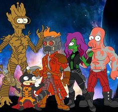 cartoon characters standing in front of a space background