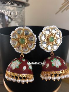 Kundan, Meenakari and Pearls Jhumka/ Indian Earrings / Free Shipping in US Traditional Bridal Earrings With Cutdana For Gifts, Tilla Bridal Earrings As A Gift For Navratri, Bridal Tilla Earrings Gift For Navratri, Ceremonial Red Meenakari Jhumkas, Kundan Jhumkas With Motifs For Gifts, Kundan Jhumkas With Motifs As A Gift, Cutdana Earrings For Navratri Gift, Navratri Cutdana Earrings As Gift, Round Meenakari Chandbalis As A Gift