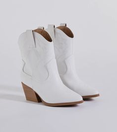 Pay a visit to the country bar in these western booties! Strut looks cute in these shoes featuring a pointed toe, a western-inspired design, and a stacked block heel, on faux leather material. Complete the look in a denim romper.Fit & Features2.5" Stacked block heel6" leg opening and a 5" shaft heightFaux leather materialPointed toeWestern-inspired designRuns true to size Orange Homecoming Dresses, Country Bar, Purple Homecoming Dress, Homecoming Shoes, Backless Dress Short, Western Ankle Boots, Red Homecoming Dresses, Western Booties, Cowgirl Outfits