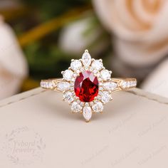 "Please confirm your US size when you make an order) ❤Jewelry Details -Gold Type:  Solid 10K Gold / Solid 14K Gold / Solid 18K Gold  / Platinum (Choose One in Material Option) - Center Stone: Lab Created Ruby  5*6.5mm, Approximately 0.8ct Color: 5A Clarity: VVS Cut: Oval Cut / 3EX - Side Stones: Moissanite Moissanite Total Carat Weight: Approximately 0.86ct Color: DEF Clarity: VVS1 Cut: Round Cut, Marquise Cut Band Width: Approximately 1.6mm SKU: YR0806-3 ~*-*~Purchase Guarantee: - All our jewelry is handmade, and each process is refined. - 14 Day Refund Guarantee. - All our products are Free Shipping. - Free Gift Box&Packing. ~*-*~Please contact us if you need service: 1. Ring Resizing. 2. Metal Change(PT950/10k/14k/18k White/Yellow/Rose Gold). 3. Engraving ring (less than 10 letter). 4. Anniversary Ruby Ring With Moissanite Center Stone, Ruby Moissanite Ring With Center Stone For Anniversary, 14k Gold Red Brilliant Cut Wedding Ring, Red 14k Gold Wedding Ring With Brilliant Cut, Red 14k Gold Brilliant Cut Wedding Ring, Ruby Cluster Ring With Halo For Wedding, Ruby Cluster Ring With Halo, Red Diamond Halo Jewelry, Ruby Halo Cluster Ring For Wedding