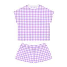 Gingham check pajama shirt and shorts. - 100% polyester base, 100% cotton collar - Relaxed fit - Sewn-in label S M L XL 2XL Top length, in 24.40 24.80 25.30 25.90 26.50 Top width, in 19.85 21.05 22.20 23.40 24.60 Bottom length, in 11.00 11.40 11.80 12.20 12.60 Waist, in 15.75 16.30 16.89 17.48 18.07 Hips, in 20.08 21.02 22.05 23.43 25.08 Aesthetic Pajamas, Swimsuit Workout, Gingham Shorts, Shirt And Shorts, Gingham Check, Pajama Shirt, Short Pajama Set, Nightgowns, Purple And White