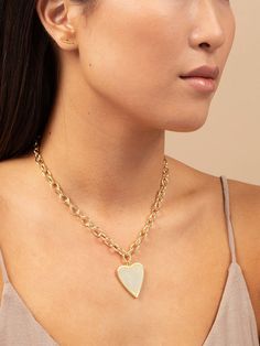 Our Big Love Necklace features a large heart pendant on a classic rolo chain. This statement necklace is the perfect example of why you need necklace pendants in your jewelry collection. | Gold Big Love Heart Pendant Necklace on Rolo Chain | Women's Jewelry by Uncommon James Heart Shaped Charm Necklace With Chunky Chain, Heart Pendant Necklace With Chunky Chain, Heart Shaped Chunky Chain Necklace, Heart-shaped Cable Chain Jewelry, Uncommon James, Large Heart, Necklace Pendants, Rolo Chain, Jewelry Cleaner