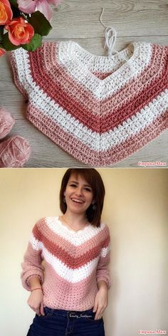 two pictures show the same woman's sweater as she stands in front of flowers