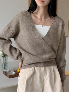 Women's Casual Solid Color Oblique Collar Wrap Long Sleeve Sweater, Autumn/Winter Apricot Casual  Long Sleeve Knitwear Plain Pullovers Medium Stretch Fall/Winter Women Clothing, size features are:Bust: ,Length: ,Sleeve Length: Christmas Dress Women Parties, Casual Pullover Sweater, Outfit Essentials, Faux Fur Sweater, Casual Ootd, Fur Sweater, Sweater Autumn, New Years Eve Dresses, New Years Dress