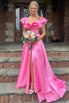 Silky Satin V Neck Ruffles Hot Pink Prom Dresses Formal Dresses PSK542-Pgmdress Hot Pink Prom Dresses, Robes Quinceanera, Hot Pink Prom Dress, Cap Sleeve Prom Dress, Prom Dress Inspo, Prom Dresses 2024, Prom Dress Ideas, Prom 2024, Prom Inspo