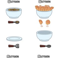 different types of food are shown in this graphic style, including noodles and meats