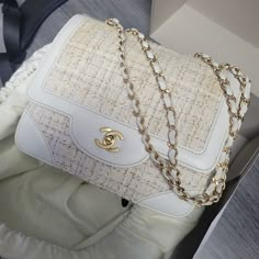 Vintage Chanel. Good Condition. Approximately "W X 7.5"H X 3"D Cream Chanel Bag, Expensive Purses Luxury, Cream Designer Bag, Luxury Tweed Evening Bag, Elegant Beige Tweed Bags, Luxury Tweed Shoulder Bag, Luxury Tweed Rectangular Bag, Designer Tweed Bags For Formal Occasions, Designer Tweed Bags In Rectangular Shape