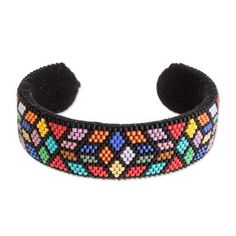 a black bracelet with multicolored beads