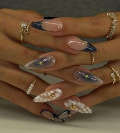 Royalty Blue Nails, Nail Inspo Celestial, Wedding Nail Styles, Madison Beer French Tip Nails, Navy And Gold Star Nails, Persian Nail Design, Nail Art Blue And Gold, White Gold And Blue Nails, Nails With Gems Coffin